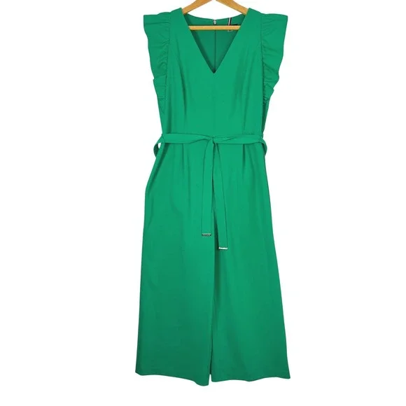Tommy Hilfiger Green Jumpsuit Women's Ruffle Sleeve V Neck Belted Size 12 - Picture 2 of 16